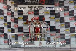 30.05.2009 Klettwitz, Germany,  Podium: race winner Jules Bianchi (FRA), ART Grand Prix Dallara F308 Mercedes, second place Valtteri Bottas (FIN), ART Grand Prix Dallara F308 Mercedes, third place Jean Karl Vernay (FRA), Signature Dallara F308 Volkswagen - F3 Euro Series 2009 at Lausitzring, Germany