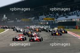 15.08.2009 Nürburg, Germany,  Start of the race with Jules Bianchi (FRA), ART Grand Prix, Dallara F308 Mercedes, leading Valtteri Bottas (FIN), ART Grand Prix, Dallara F308 Mercedes into the first corner - F3 Euro Series 2009 at Nürburgring, Germany