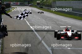 14.06.2009 Zandvoort, The Netherlands,  Race winner Valtteri Bottas (FIN), ART Grand Prix, Dallara F308 Mercedes, taking the chequered flag - Masters of Formula 3, Circuit Park Zandvoort, The Netherlands