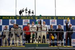 14.06.2009 Le Mans, France, LMP2 podium: class winners Kristian Poulsen, Casper Elgaard and Emmanuel Collard, second place Xavier Pompidou, Benjamin Leuenberger and Jonny Kane, third place Jacques Nicolet, Richard Hein and Jean-Francois Yvon - 24 Hour of Le Mans 2009, Podium
