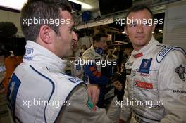11.06.2009 Le Mans, France, Pole winner StÃ©phane Sarrazin celebrates with Nicolas Minassian and Pedro Lamy - 24 Hour of Le Mans 2009, Thursday