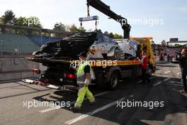 23.04.2010 Hockenheim, Germany,  The damaged car of Miguel Molina (ESP), Audi Sport Rookie Team Abt, Audi A4 DTM being brought back to the garage on a ADAC lorry. - DTM 2010 at Hockenheimring, Hockenheim, Germany