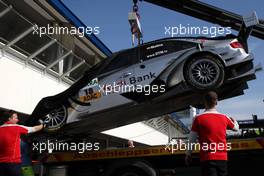 23.04.2010 Hockenheim, Germany,  The damaged car of Miguel Molina (ESP), Audi Sport Rookie Team Abt, Audi A4 DTM being brought back to the garage on a ADAC lorry. - DTM 2010 at Hockenheimring, Hockenheim, Germany