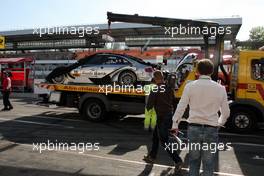 23.04.2010 Hockenheim, Germany,  The damaged car of Miguel Molina (ESP), Audi Sport Rookie Team Abt, Audi A4 DTM being brought back to the garage on a ADAC lorry. - DTM 2010 at Hockenheimring, Hockenheim, Germany