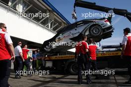 23.04.2010 Hockenheim, Germany,  The damaged car of Miguel Molina (ESP), Audi Sport Rookie Team Abt, Audi A4 DTM being brought back to the garage on a ADAC lorry. - DTM 2010 at Hockenheimring, Hockenheim, Germany