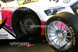 24.04.2010 Hockenheim, Germany,  Front wheel detached from the car of Katherine Legge (GBR), Audi Sport Team Rosberg, Audi A4 DTM - DTM 2010 at Hockenheimring, Hockenheim, Germany