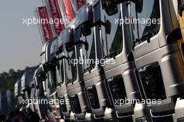 24.04.2010 Hockenheim, Germany,  Line of MAN trucks from several Audi teams in the paddock. - DTM 2010 at Hockenheimring, Hockenheim, Germany