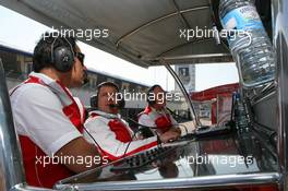 24.04.2010 Hockenheim, Germany,  Audi pit lane gantry with Hans-Jurgen Abt (GER), Teamchef Abt-Audi (left), Albert Deuring (GER), Technical Director Abt Audi (center) and  Dr. Ullrich (AUT), Audi motorsport director - DTM 2010 at Hockenheimring, Hockenheim, Germany