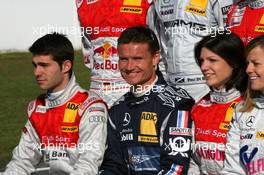 24.04.2010 Hockenheim, Germany,  David Coulthard (GBR), Mücke Motorsport, Portrait (center) with Mike Rockenfeller (GBR), Audi Sport Team Phoenix, Portrait (left) and Katherine Legge (GBR), Audi Sport Team Rosberg, Portrait (right) during a photo shoot - DTM 2010 at Hockenheimring, Hockenheim, Germany