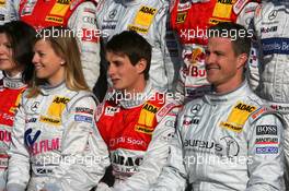 24.04.2010 Hockenheim, Germany,  Ralf Schumacher (GER), Team HWA AMG Mercedes, Portrait (right), Oliver Jarvis (GBR), Audi Sport Team Abt, Portrait (center) and Susie Stoddart (GBR), Persson Motorsport, Portrait (left) during a group photo - DTM 2010 at Hockenheimring, Hockenheim, Germany