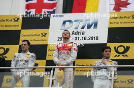 31.10.2010 Adria, Italy,  Podium, 2nd Gary Paffett (GBR), Team HWA AMG Mercedes, AMG Mercedes C-Klasse, 1st Timo Scheider (GER), Audi Sport Team Abt, Audi A4 DTM, 3rd Bruno Spengler (CAN), Team HWA AMG Mercedes, AMG Mercedes C-Klasse - DTM 2010 at Hockenheimring