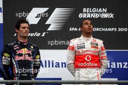 29.08.2010 Spa, Belgium,  Mark Webber (AUS), Red Bull Racing, Lewis Hamilton (GBR), McLaren Mercedes - Formula 1 World Championship, Rd 13, Belgium Grand Prix, Sunday Podium