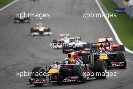 29.08.2010 Spa, Belgium,  Sebastian Vettel (GER), Red Bull Racing leads Mark Webber (AUS), Red Bull Racing - Formula 1 World Championship, Rd 13, Belgium Grand Prix, Sunday Race