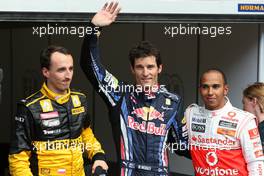 28.08.2010 Spa, Belgium,  Robert Kubica (POL), Renault F1 Team 3rd place, Mark Webber (AUS), Red Bull Racing, pole position, Lewis Hamilton (GBR), McLaren Mercedes 2nd place  - Formula 1 World Championship, Rd 13, Belgium Grand Prix, Saturday Qualifying