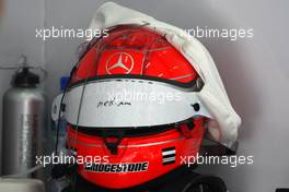 12.03.2010 Sakhir, Bahrain,  The helmet of Michael Schumacher (GER), Mercedes GP Petronas - Formula 1 World Championship, Rd 1, Bahrain Grand Prix, Friday Practice