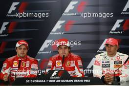 14.03.2010 Sakhir, Bahrain,  2nd place Felipe Massa (BRA), Scuderia Ferrari with 1st place Fernando Alonso (ESP), Scuderia Ferrari, Stefano Domenicali (ITA) Ferrari General Director and 3rd place Lewis Hamilton (GBR), McLaren Mercedes - Formula 1 World Championship, Rd 1, Bahrain Grand Prix, Sunday Press Conference