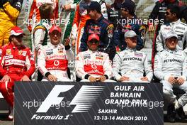 14.03.2010 Sakhir, Bahrain,  Fernando Alonso (ESP), Scuderia Ferrari with Jenson Button (GBR), McLaren Mercedes, Lewis Hamilton (GBR), McLaren Mercedes, Michael Schumacher (GER), Mercedes GP Petronas and Nico Rosberg (GER), Mercedes GP Petronas - Formula 1 World Championship, Rd 1, Bahrain Grand Prix, Sunday