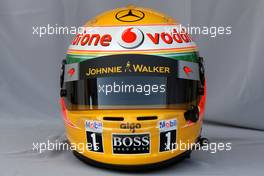 11.03.2010 Sakhir, Bahrain,  Helmet of Lewis Hamilton (GBR), McLaren Mercedes  - Formula 1 World Championship, Rd 1, Bahrain Grand Prix, Thursday