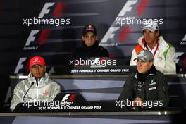 15.04.2010 Shanghai, China,  Lewis Hamilton (GBR), McLaren Mercedes, Sébastien Buemi (SUI), Scuderia Toro Rosso, Michael Schumacher (GER), Mercedes GP Petronas, Adrian Sutil (GER), Force India F1 Team - Formula 1 World Championship, Rd 4, Chinese Grand Prix, Thursday Press Conference