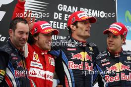 09.05.2010 Barcelona, Spain,  1st place Mark Webber (AUS), Red Bull Racing with 2nd place Fernando Alonso (ESP), Scuderia Ferrari and 3rd place Sebastian Vettel (GER), Red Bull Racing - Formula 1 World Championship, Rd 5, Spanish Grand Prix, Sunday Podium