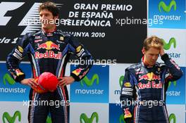 09.05.2010 Barcelona, Spain,  1st place Mark Webber (AUS), Red Bull Racing and 3rd place Sebastian Vettel (GER), Red Bull Racing  - Formula 1 World Championship, Rd 5, Spanish Grand Prix, Sunday Podium