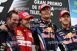 09.05.2010 Barcelona, Spain,  1st place Mark Webber (AUS), Red Bull Racing with 2nd place Fernando Alonso (ESP), Scuderia Ferrari and 3rd place Sebastian Vettel (GER), Red Bull Racing - Formula 1 World Championship, Rd 5, Spanish Grand Prix, Sunday Podium