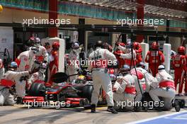 27.06.2010 Valencia, Spain,  Lewis Hamilton (GBR), McLaren Mercedes pit stop - Formula 1 World Championship, Rd 9, European Grand Prix, Sunday Race