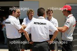 24.06.2010 Valencia, Spain,  Jenson Button (GBR), McLaren Mercedes talks with his old colleagues  - Formula 1 World Championship, Rd 9, European Grand Prix, Thursday