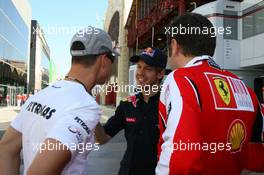 24.06.2010 Valencia, Spain,  Sebastian Vettel (GER), Red Bull Racing with Stefano Domenicali (ITA) Ferrari General Director and Michael Schumacher (GER), Mercedes GP Petronas - Formula 1 World Championship, Rd 9, European Grand Prix, Thursday