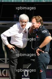 09.07.2010 Silverstone, England,  Bernie Ecclestone (GBR) and Christian Horner (GBR), Red Bull Racing, Sporting Director - Formula 1 World Championship, Rd 10, British Grand Prix, Friday