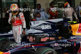 10.07.2010 Silverstone, England,  Lewis Hamilton (GBR), McLaren Mercedes looks at the Red Bull - Formula 1 World Championship, Rd 10, British Grand Prix, Saturday Qualifying