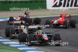 25.07.2010 Hockenheim, Germany,  Bruno Senna (BRA), Hispania Racing F1 Team, HRT leads Sakon Yamamoto (JPN), Hispania Racing F1 Team HRT - Formula 1 World Championship, Rd 11, German Grand Prix, Sunday Race
