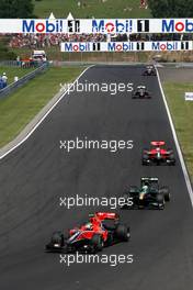 01.08.2010 Budapest, Hungary,  Lucas di Grassi (BRA), Virgin Racing VR-01 leads Heikki Kovalainen (FIN), Lotus F1 Team, T127 - Formula 1 World Championship, Rd 12, Hungarian Grand Prix, Sunday Race