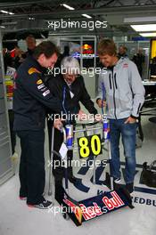 24.10.2010 Yeongam, Korea,  Bernie Ecclestone (GBR) turns 80 next week and for a special birthday present the Red Bull team have given him a Zimmer frame with Sebastian Vettel (GER), Red Bull Racing and Christian Horner (GBR), Red Bull Racing, Sporting Director - Formula 1 World Championship, Rd 17, Korean Grand Prix, Sunday