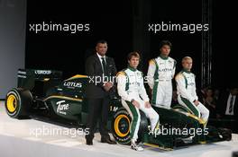 12.02.2010 London, England,  Tony Fernandes (MAL), Malaysia Racing Team Principal, Jarno Trulli (ITA), Fairuz Fauzy (MAL) and Heikki Kovalainen (FIN) - Lotus Cosworth Racing Launch - Formula 1 launch