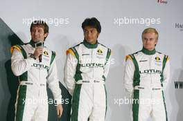 12.02.2010 London, England,  Jarno Trulli (ITA), Fairuz Fauzy (MAL) and Heikki Kovalainen (FIN) - Lotus Cosworth Racing Launch - Formula 1 launch