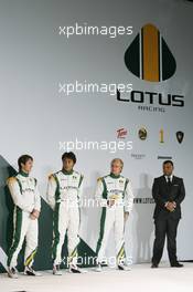 12.02.2010 London, England,  Jarno Trulli (ITA), Fairuz Fauzy (MAL), Heikki Kovalainen (FIN) and Tony Fernandes (MAL), Malaysia Racing Team Principal - Lotus Cosworth Racing Launch - Formula 1 launch