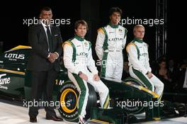 12.02.2010 London, England,  Tony Fernandes (MAL), Malaysia Racing Team Principal, Jarno Trulli (ITA), Fairuz Fauzy (MAL) and Heikki Kovalainen (FIN) - Lotus Cosworth Racing Launch - Formula 1 launch