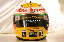 29.01.2010 Newbury, England,  Lewis Hamilton (GBR), McLaren Mercedes helmet - Vodafone Mclaren Mercedes MP4-25 Launch Vodafone UK HQ