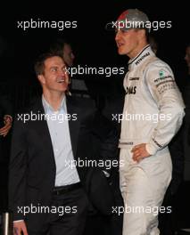 25.01.2010 Stuttgart, Germany,  Ralf Schumacher and Michael Schumacher (GER, Mercedes GP Petronas F1 Team) and Nico Rosberg (GER / MCO, Mercedes GP Petronas F1 Team) / Mercedes Heads and the drivers in front of the Museum - Mercedes GP Presentation
