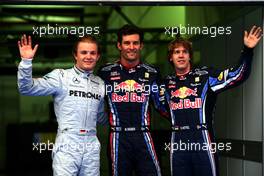 03.04.2010 Kuala Lumpur, Malaysia,  Mark Webber (AUS), Red Bull Racing gets pole position and Nico Rosberg (GER), Mercedes GP Petronas with 2nd and 3rd Sebastian Vettel (GER), Red Bull Racing - Formula 1 World Championship, Rd 3, Malaysian Grand Prix, Saturday Qualifying