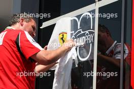 27.05.2010 Istanbul, Turkey,  Ferrari put an 800th Grand Prix sticker on there window - Formula 1 World Championship, Rd 7, Turkish Grand Prix, Thursday