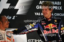 14.11.2010 Abu Dhabi, Abu Dhabi,  Lewis Hamilton (GBR), McLaren Mercedes, Sebastian Vettel (GER), Red Bull Racing - Formula 1 World Championship, Rd 19, Abu Dhabi Grand Prix, Sunday Podium