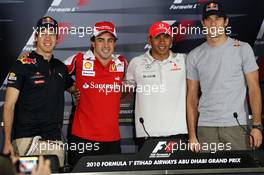 11.11.2010 Abu Dhabi, Abu Dhabi,  Sebastian Vettel (GER), Red Bull Racing, Fernando Alonso (ESP), Scuderia Ferrari, Lewis Hamilton (GBR), McLaren Mercedes, Mark Webber (AUS), Red Bull Racing - Formula 1 World Championship, Rd 19, Abu Dhabi Grand Prix, Thursday Press Conference