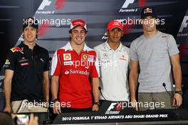 11.11.2010 Abu Dhabi, Abu Dhabi,  Sebastian Vettel (GER), Red Bull Racing, Fernando Alonso (ESP), Scuderia Ferrari, Lewis Hamilton (GBR), McLaren Mercedes, Mark Webber (AUS), Red Bull Racing - Formula 1 World Championship, Rd 19, Abu Dhabi Grand Prix, Thursday Press Conference