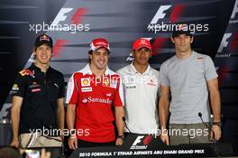 11.11.2010 Abu Dhabi, Abu Dhabi,  Sebastian Vettel (GER), Red Bull Racing, Fernando Alonso (ESP), Scuderia Ferrari, Lewis Hamilton (GBR), McLaren Mercedes, Mark Webber (AUS), Red Bull Racing - Formula 1 World Championship, Rd 19, Abu Dhabi Grand Prix, Thursday Press Conference