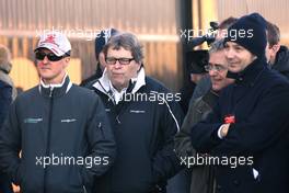 01.02.2010 Valencia, Spain,  Michael Schumacher (GER), Mercedes GP and Norbert Haug (GER), Mercedes, Motorsport chief have Action look at the Toro Rosso launch - Formula 1 Testing, Valencia