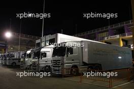 01.02.2010 Valencia, Spain,  The Mercedes trucks in the paddock at night - Formula 1 Testing, Valencia