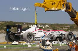 23.05.2010 Valencia, Spain,  The crashed car of Roberto Merhi, Muecke Motorsport Dallara F308 Mercedes - F3 Euro Series 2010 in Valencia, Spain