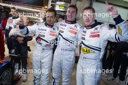 04-11.06.2010 Le Mans, France, Fastest qualifier Sebastien Bourdais celebrates with teammates Pedro Lamy and Simon Pagenaud - 24 Hour of Le Mans 2010